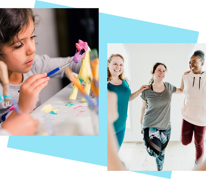 Collage of images showing people utilising a community space.